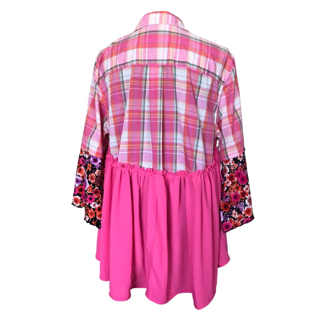 Handmade Upcycled Boho Tunic, Pink Ruffled Patchwork Top Size Large - Picture 3 of 13